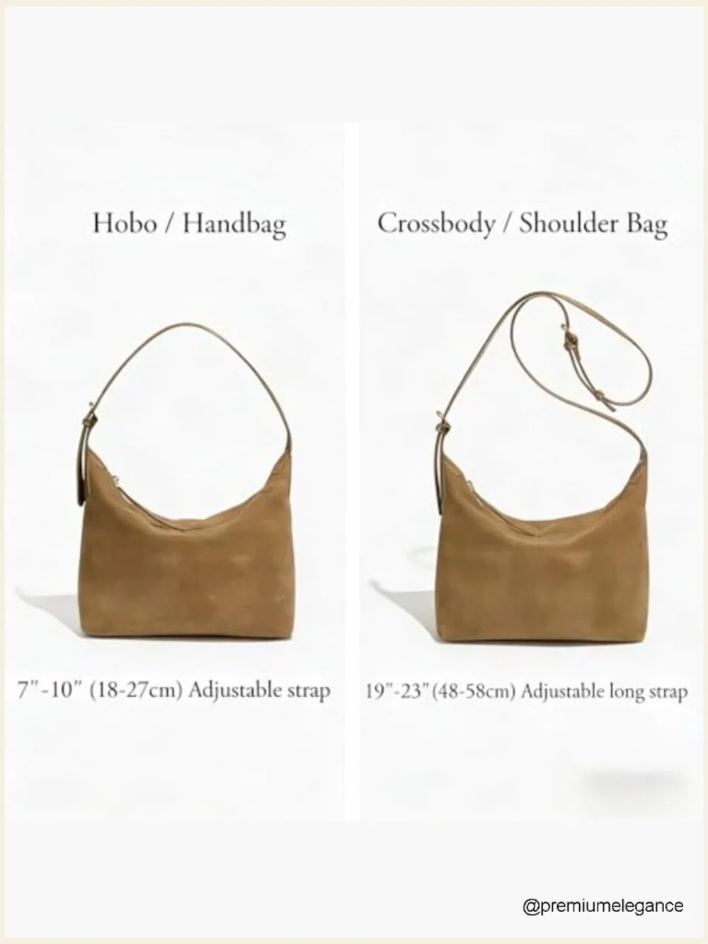 Faux Suede Hobo Bag w/ 2 Adjustable Straps Medium Lightweight Crossbody